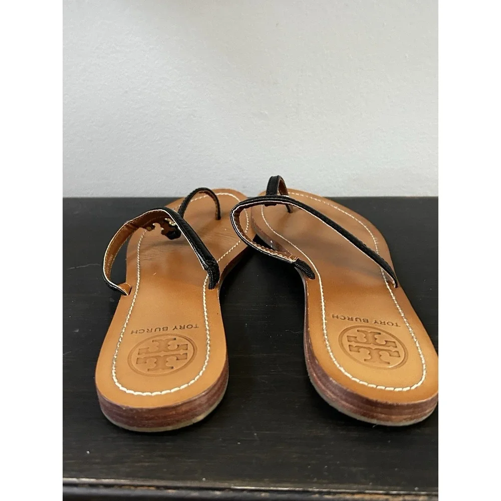 Tory Burch US 7.5 Black Leather Gold T‎ Logo Thong Flip Flop Sandal Shoes